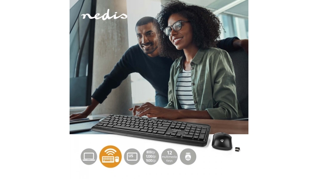 Nedis KBMCW100BKUS Muis En Toetsenbord - Set Draadloos Muis- En Toetsenbordverbinding: Usb 800 / 1200 / 1600 Dpi Instelbare Dpi Qwerty Us Internationaal