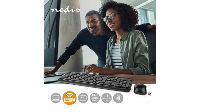 Nedis KBMCW100BKBE Muis En Toetsenbord - Set Draadloos Muis- En Toetsenbordverbinding: Usb 800 / 1200 / 1600 Dpi Instelbare Dpi Azerty Belgisch