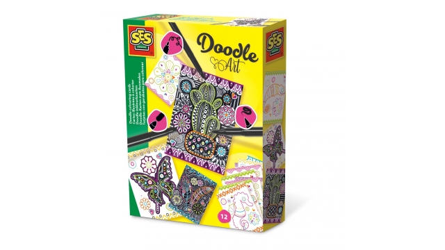 SES Creative Doodle Art Inkleur-Kaarten 12 Stuks + 3 Zwarte Stiften