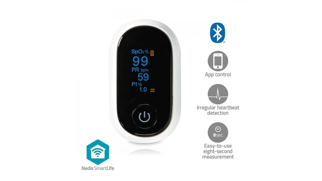 Nedis BTHOX10WT Smartlife Pulse Oximeter Bluetooth® Oled-scherm Anti-bewegingsinterferentie / Auditief Alarm / Hoge Precisie Sensor / Perfusie-index / Polsslag / Zuurstofverzadiging (spo2) Wit